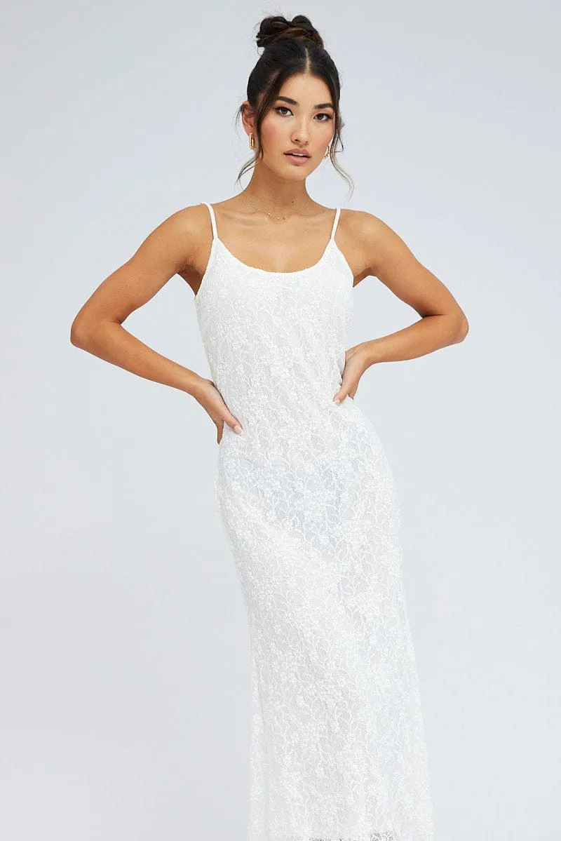 White Maxi Dress Sleeveless Scoop Neck Flare Hem Lace