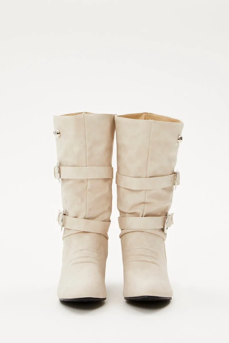White Suedette Buckle Boots