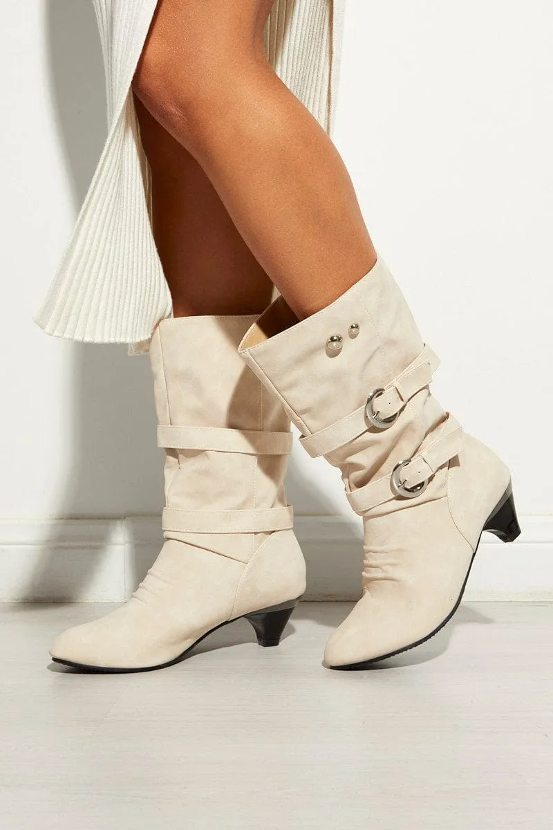 White Suedette Buckle Boots