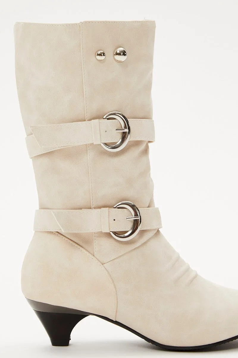 White Suedette Buckle Boots