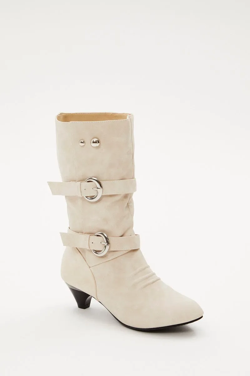 White Suedette Buckle Boots