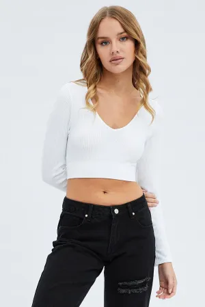 White Top Long sleeve V neck Seamless