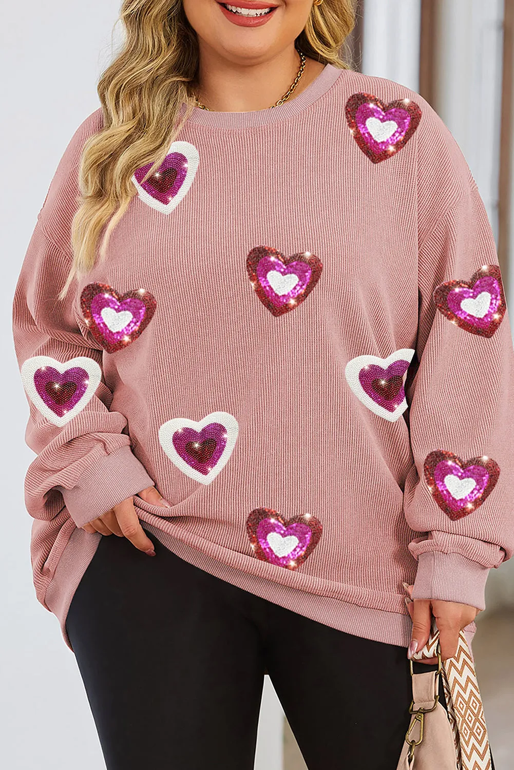 Wholesale Pink Sequined Heart Pattern Corded Plus Size Sweatshirt