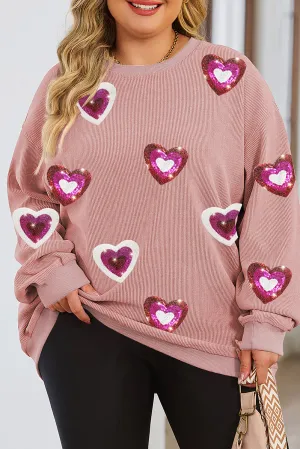 Wholesale Pink Sequined Heart Pattern Corded Plus Size Sweatshirt
