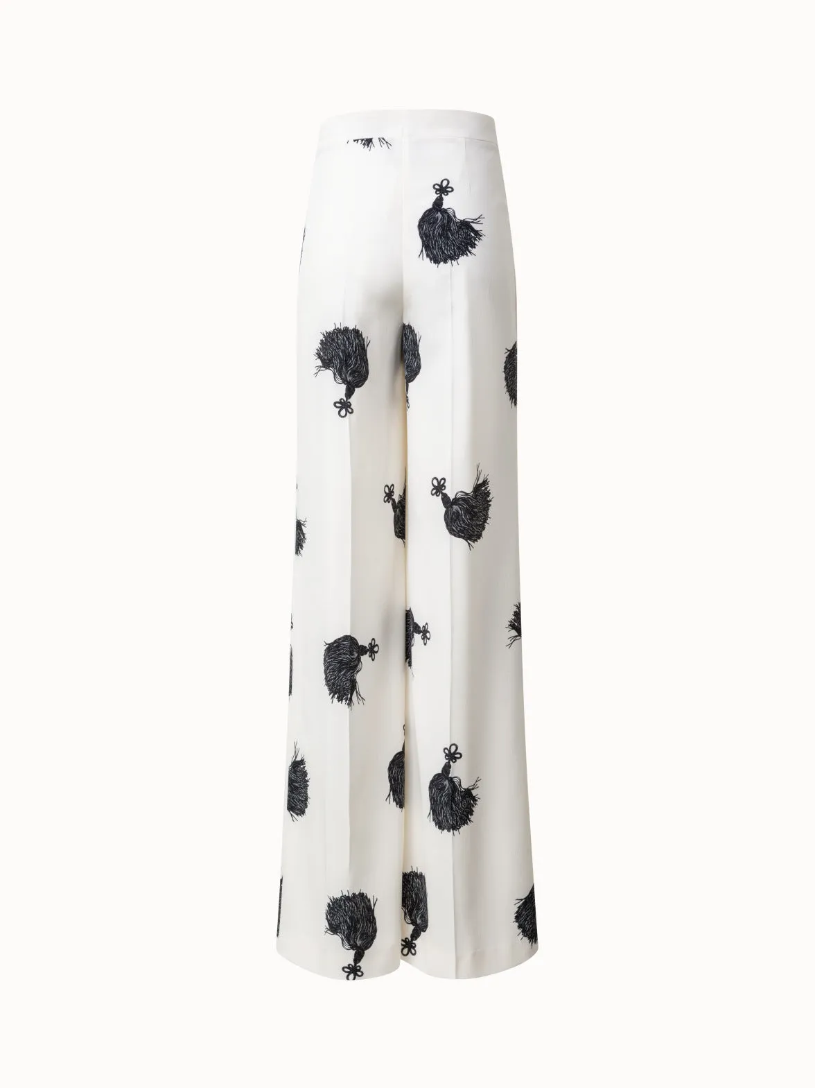 Wide Leg Silk Pants with Tassels Print