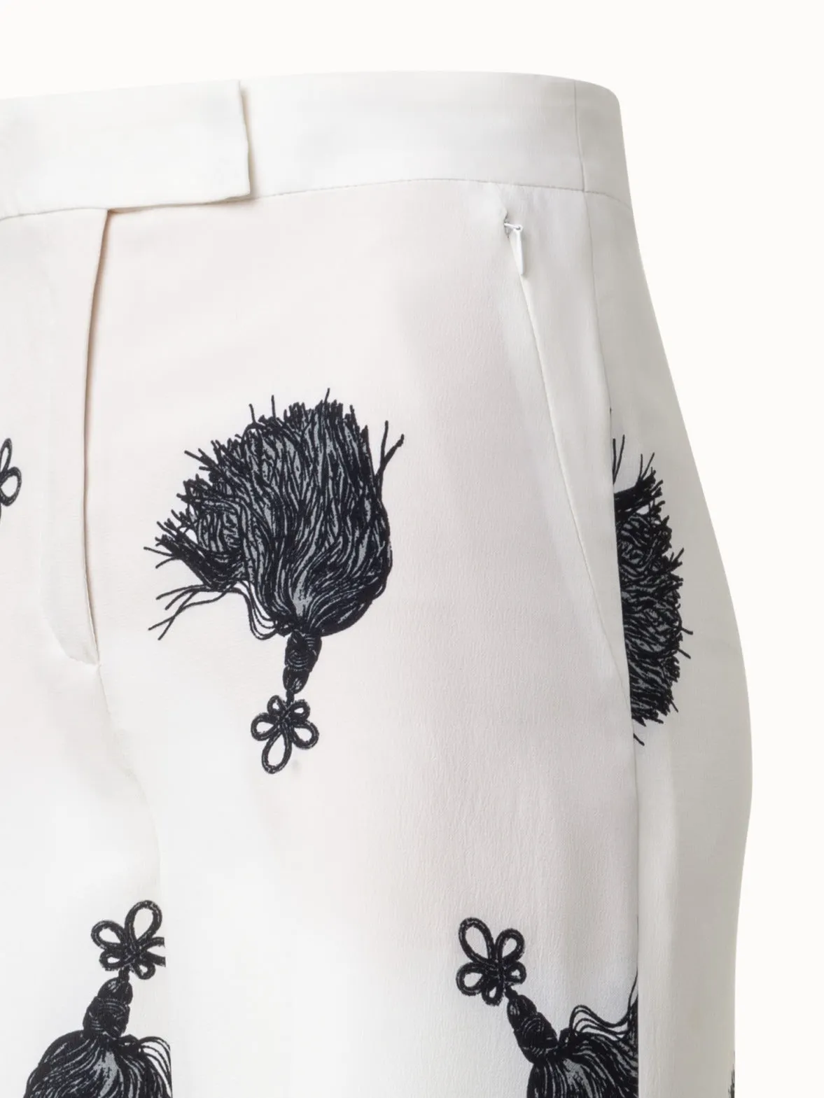 Wide Leg Silk Pants with Tassels Print