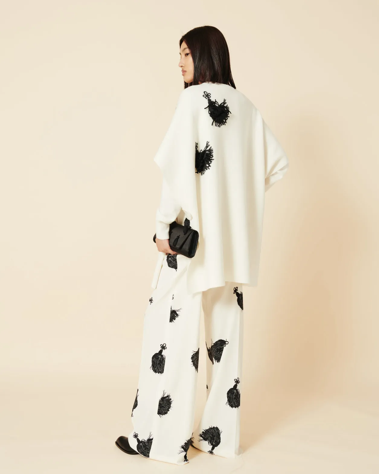 Wide Leg Silk Pants with Tassels Print