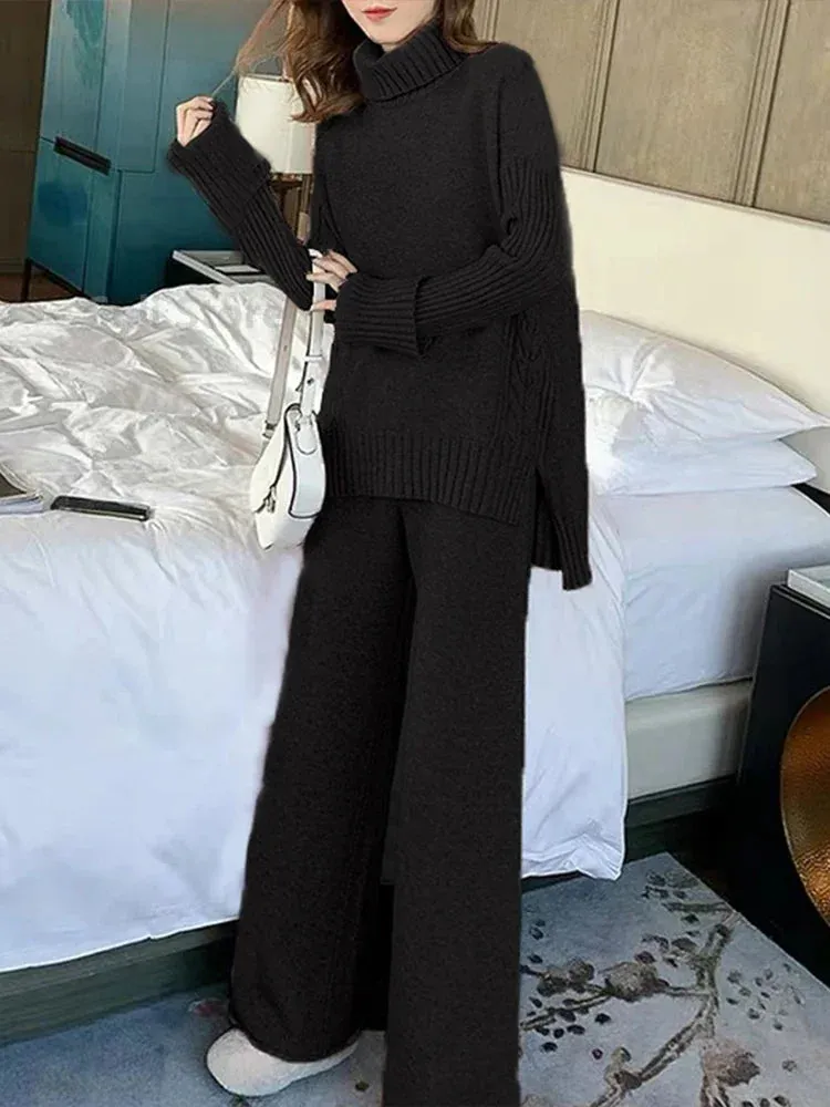 Winter Knitted Suits 2 Piece Set Solid Turtleneck Sweater   Loose Pants