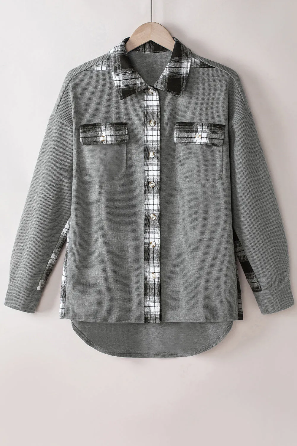 Women Waffle Knit Plaid Shacket Boyfriend Button Down Shirt Jacket