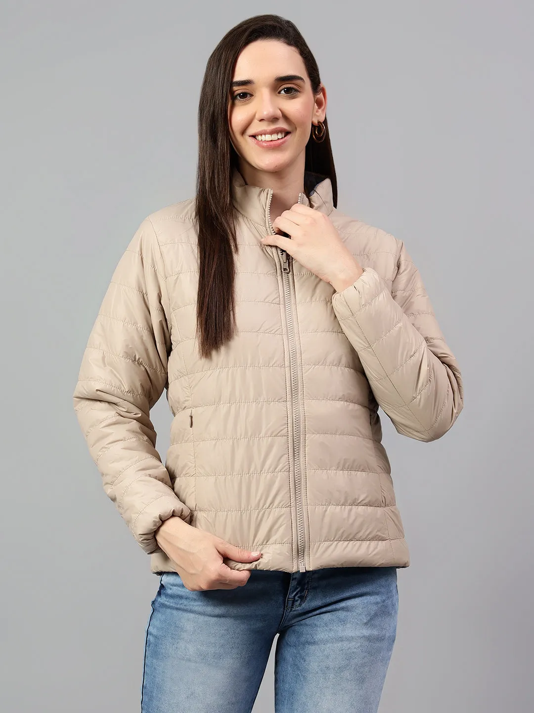 Women's Beige and Grey Solid Reversible Winter Jacket