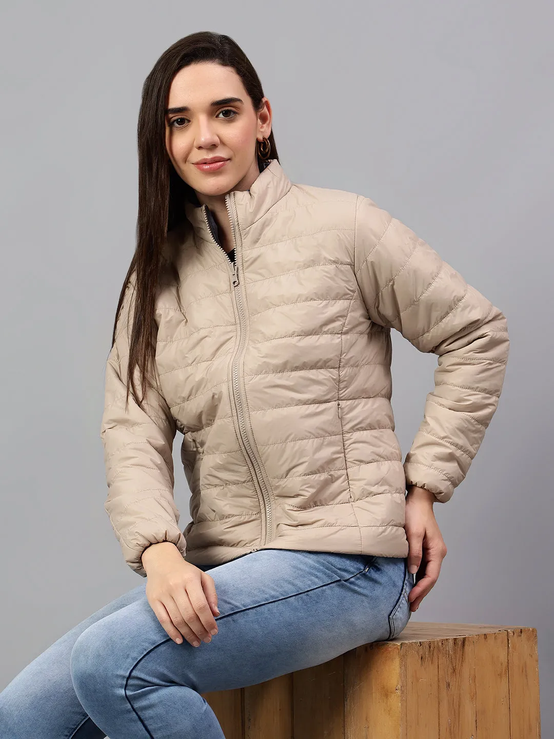 Women's Beige and Grey Solid Reversible Winter Jacket