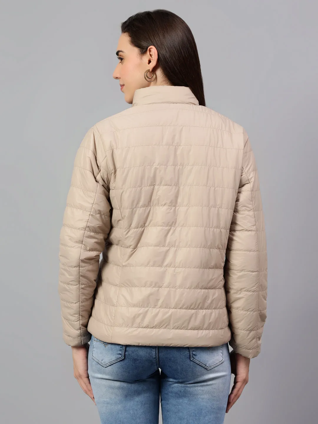 Women's Beige and Grey Solid Reversible Winter Jacket