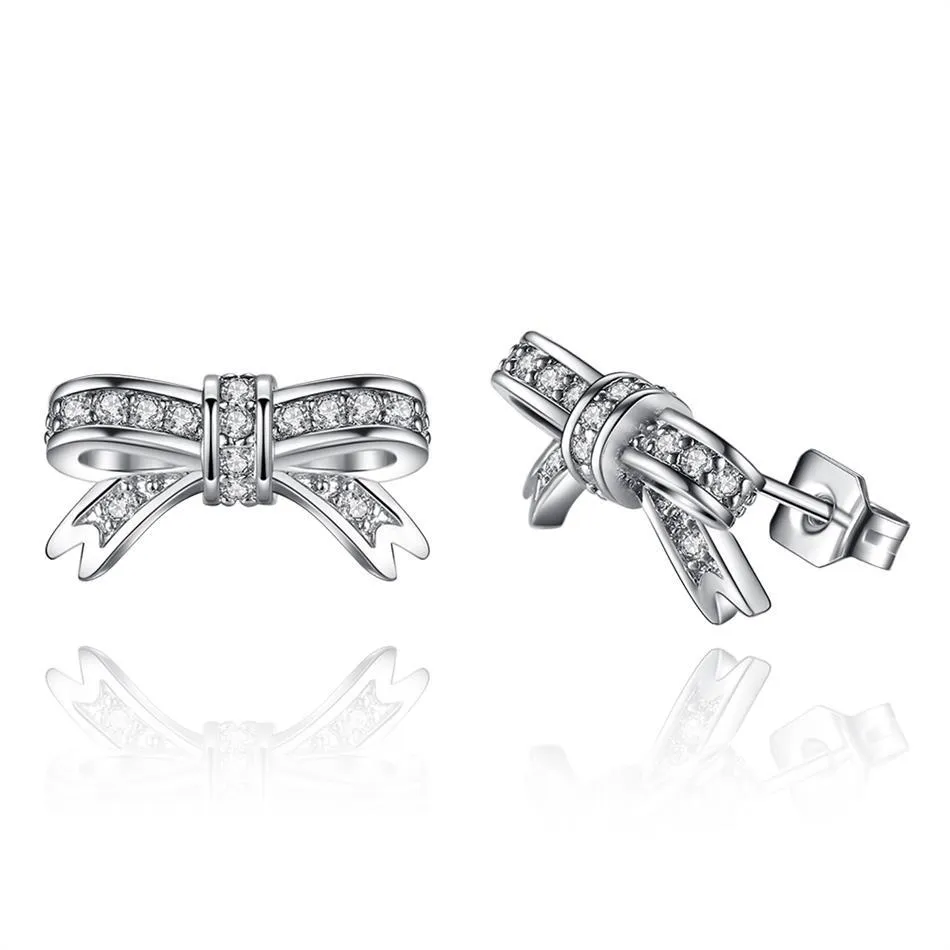 YE2245 925 Sterling Silver Sparkling Bow Knot Earrings