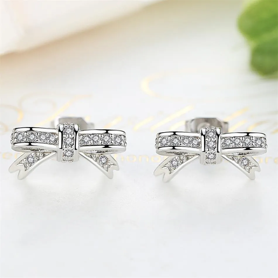 YE2245 925 Sterling Silver Sparkling Bow Knot Earrings