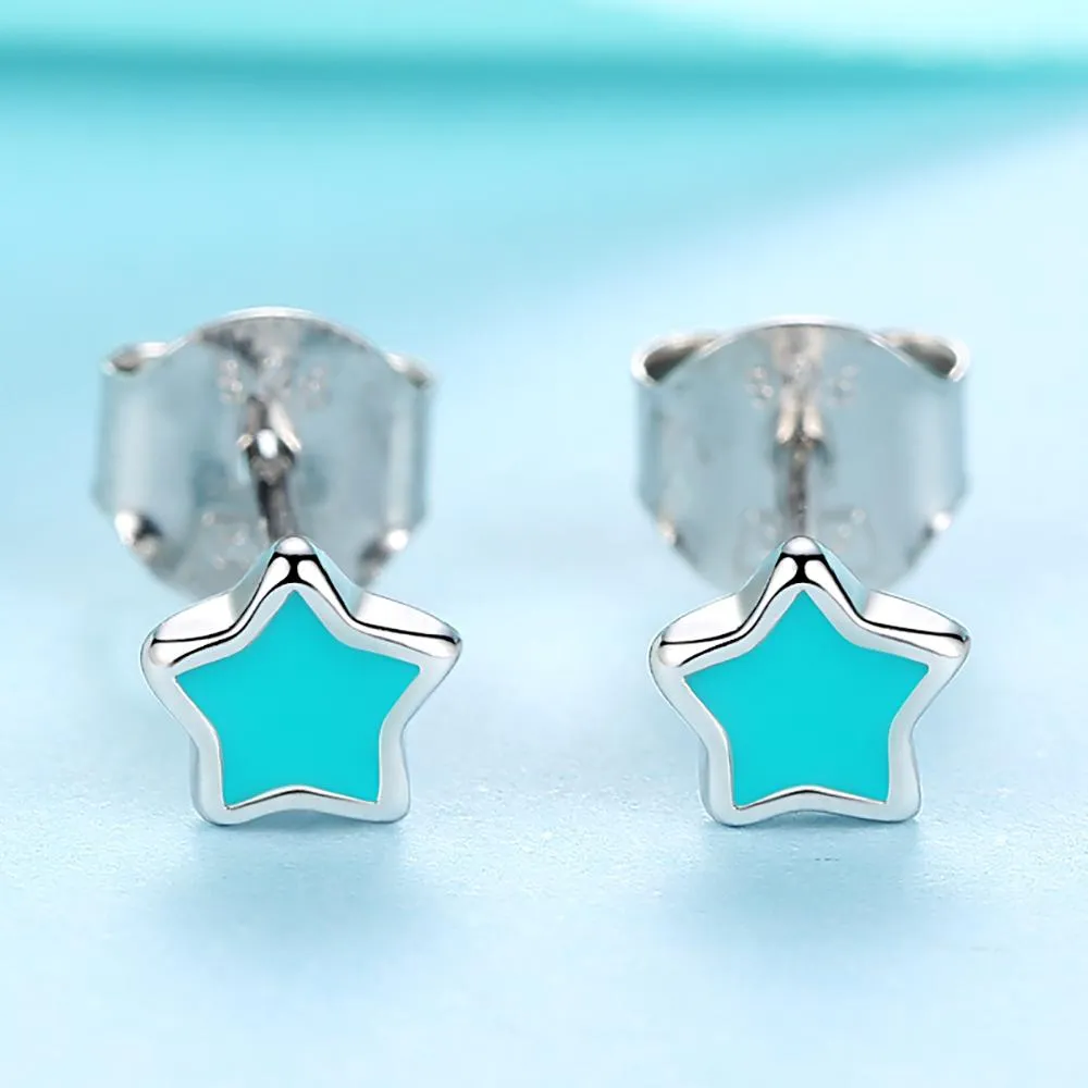 YE3120 925 Sterling Silver Blue&Pink Enamel Star Earrings
